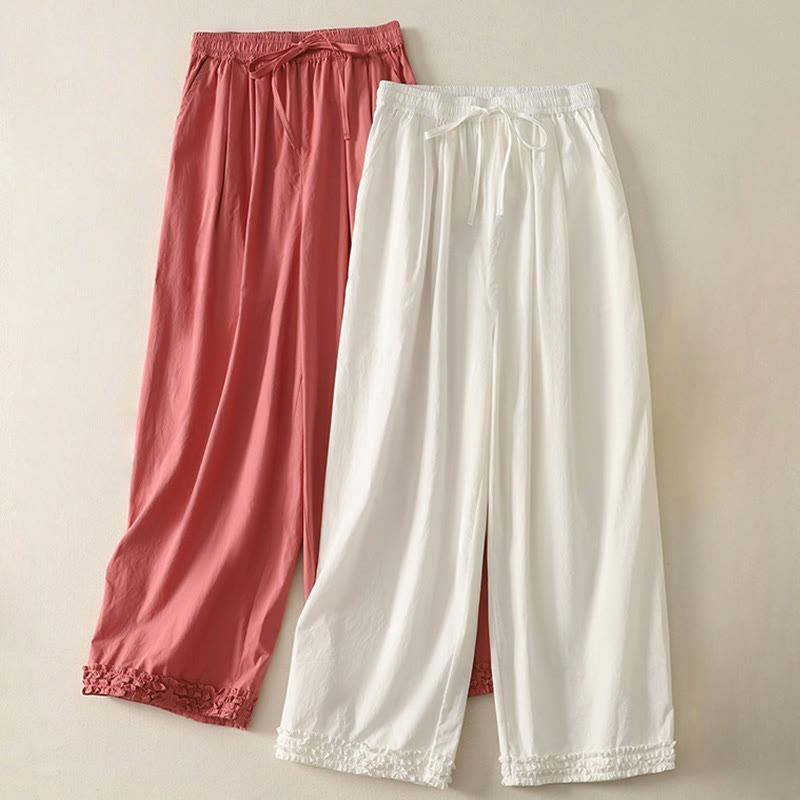 Buddha Stones Casual Ruffle Hem Patchwork Design Drawstring Ankle-length Women's Cotton Pants With Pockets - image 14