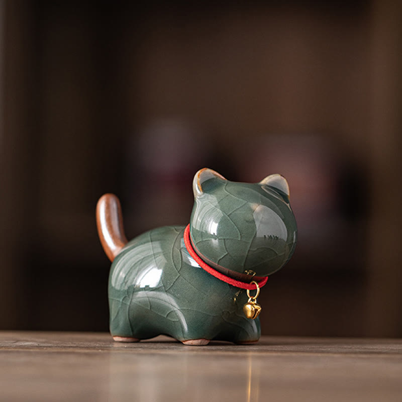 Buddha Stones Mini Lucky Cute Standing Cat Red Rope Bell Ceramic Figurine Decoration - Green(7.6*3.9*5.6cm) - image 13