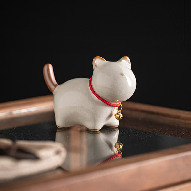 Buddha Stones Mini Lucky Cute Standing Cat Red Rope Bell Ceramic Figurine Decoration - image 5