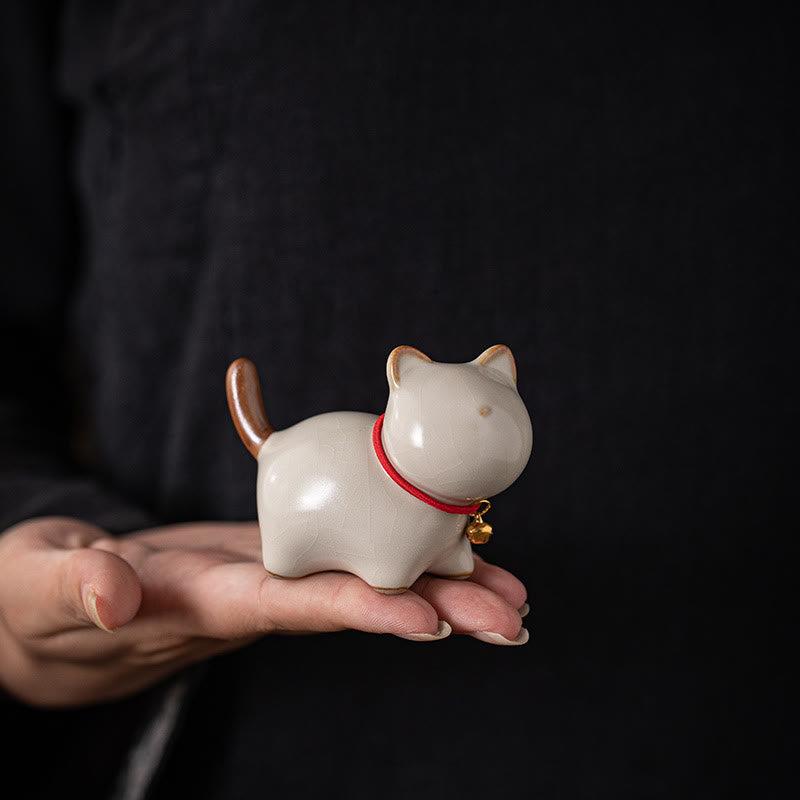 Buddha Stones Mini Lucky Cute Standing Cat Red Rope Bell Ceramic Figurine Decoration - image 8