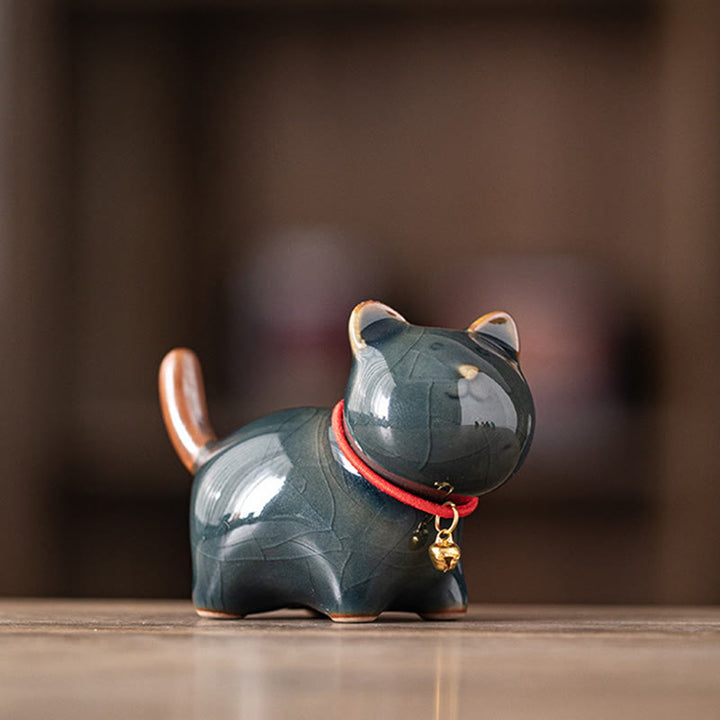 Buddha Stones Mini Lucky Cute Standing Cat Red Rope Bell Ceramic Figurine Decoration - Dark Blue(7.6*3.9*5.6cm) - image 18