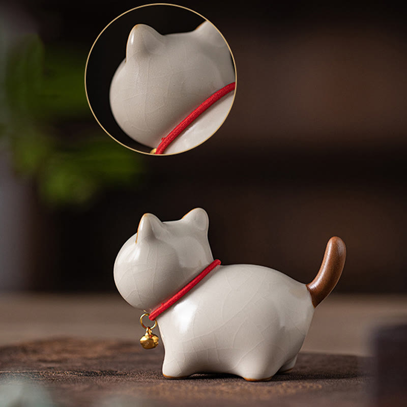 Buddha Stones Mini Lucky Cute Standing Cat Red Rope Bell Ceramic Figurine Decoration - image 10