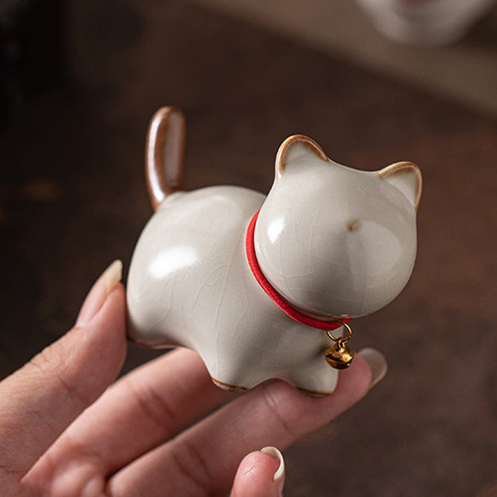 Buddha Stones Mini Lucky Cute Standing Cat Red Rope Bell Ceramic Figurine Decoration - image 6