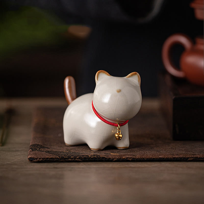Buddha Stones Mini Lucky Cute Standing Cat Red Rope Bell Ceramic Figurine Decoration - image 2