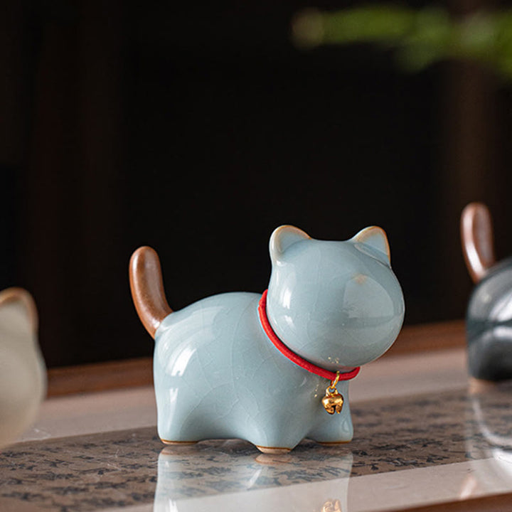 Buddha Stones Mini Lucky Cute Standing Cat Red Rope Bell Ceramic Figurine Decoration - image 16