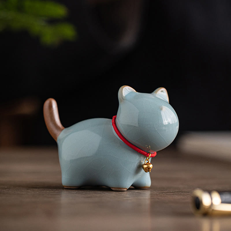 Buddha Stones Mini Lucky Cute Standing Cat Red Rope Bell Ceramic Figurine Decoration - image 17