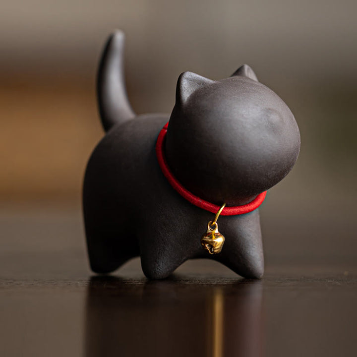 Buddha Stones Mini Lovely Red Rope Bell Cat Tea Pet Purple Clay Figurine Desk Decoration - Black Cat (6.7*5.0*5.7cm) - image 7