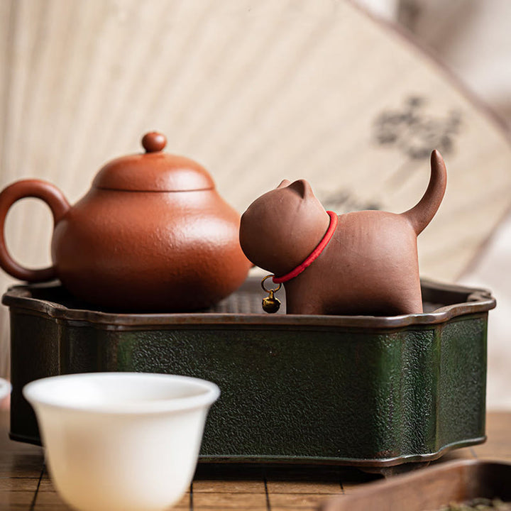 Buddha Stones Mini Lovely Red Rope Bell Cat Tea Pet Purple Clay Figurine Desk Decoration - image 2