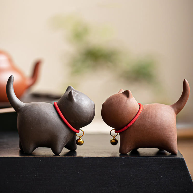 Buddha Stones Mini Lovely Red Rope Bell Cat Tea Pet Purple Clay Figurine Desk Decoration - image 12