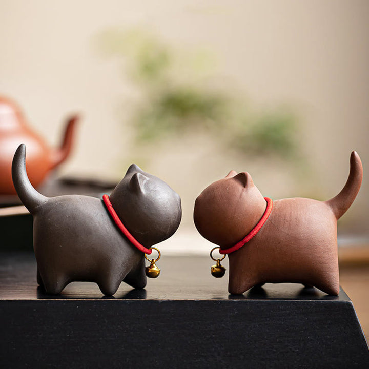 Buddha Stones Mini Lovely Red Rope Bell Cat Tea Pet Purple Clay Figurine Desk Decoration - image 12