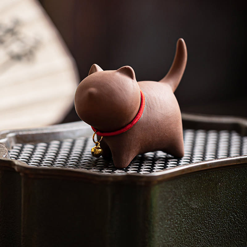 Buddha Stones Mini Lovely Red Rope Bell Cat Tea Pet Purple Clay Figurine Desk Decoration - image 6