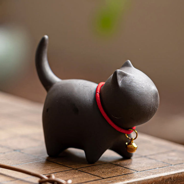 Buddha Stones Mini Lovely Red Rope Bell Cat Tea Pet Purple Clay Figurine Desk Decoration - image 8