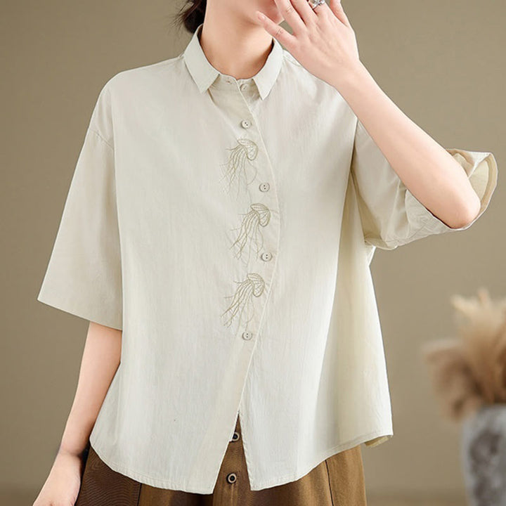 Buddha Stones Casual Women's Embroidered Jellyfish Pattern Stand Collar Buttons Design Half Sleeve Cotton Shirt - image 4