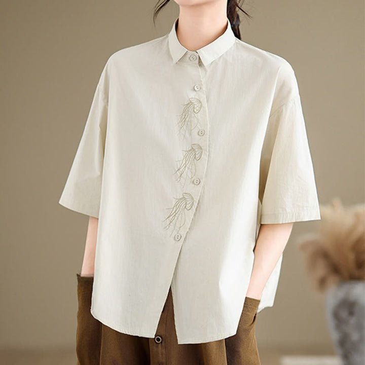 Buddha Stones Casual Women's Embroidered Jellyfish Pattern Stand Collar Buttons Design Half Sleeve Cotton Shirt - image 1