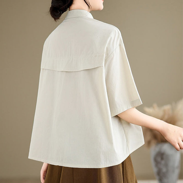 Buddha Stones Casual Women's Embroidered Jellyfish Pattern Stand Collar Buttons Design Half Sleeve Cotton Shirt - image 2