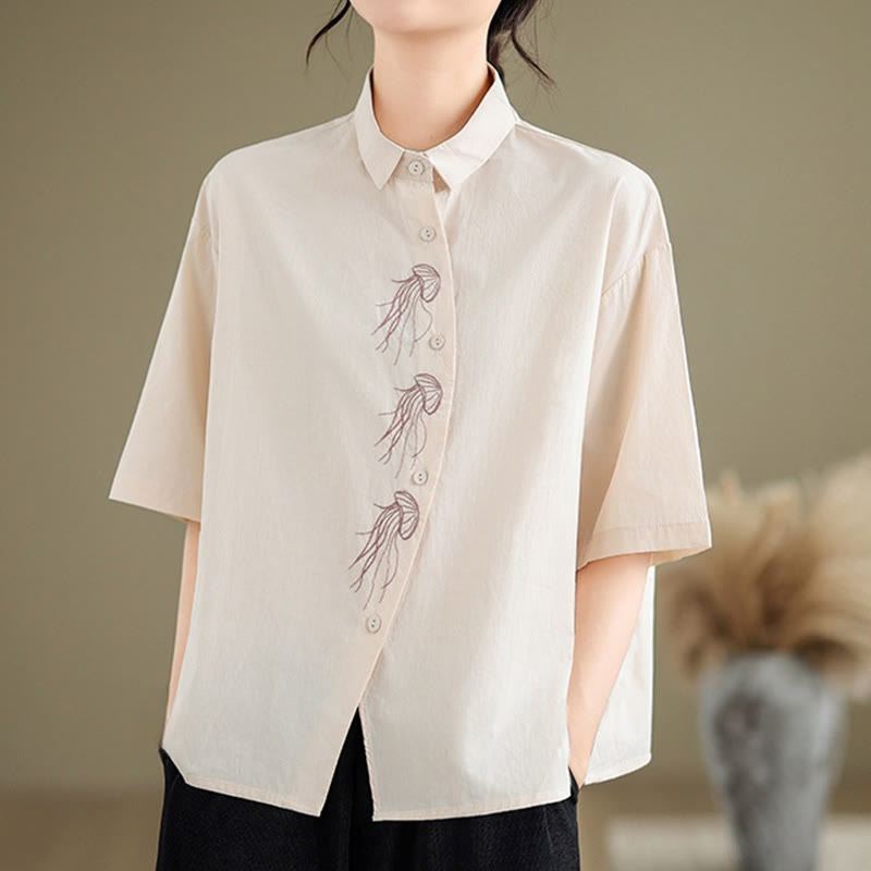 Buddha Stones Casual Women's Embroidered Jellyfish Pattern Stand Collar Buttons Design Half Sleeve Cotton Shirt - image 11