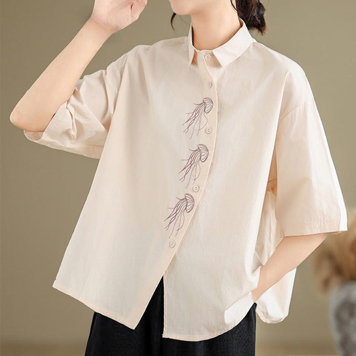 Buddha Stones Casual Women's Embroidered Jellyfish Pattern Stand Collar Buttons Design Half Sleeve Cotton Shirt - image 8