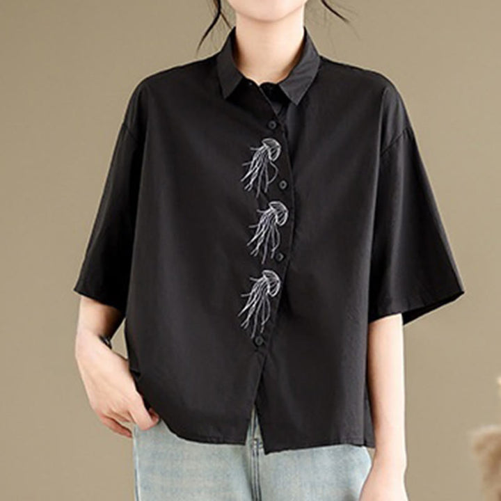 Buddha Stones Casual Women's Embroidered Jellyfish Pattern Stand Collar Buttons Design Half Sleeve Cotton Shirt - Black - US14，UK/AU18，EU46 (2XL) - image 16