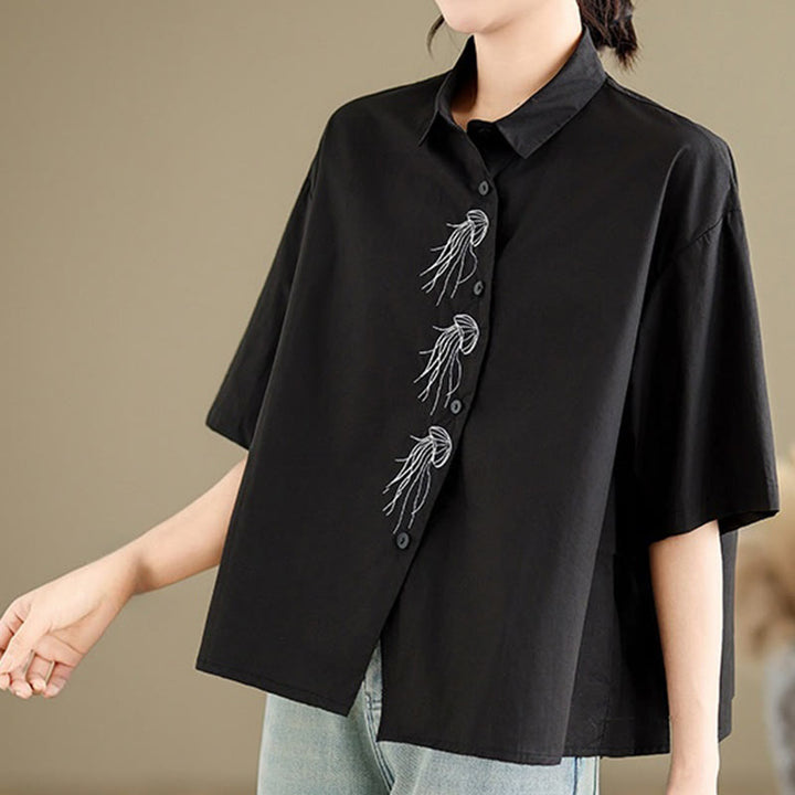 Buddha Stones Casual Women's Embroidered Jellyfish Pattern Stand Collar Buttons Design Half Sleeve Cotton Shirt - image 20