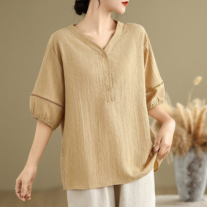 Buddha Stones Casual Plain Button V-Neck Women's Polyester Short Sleeve Shirt - image 2