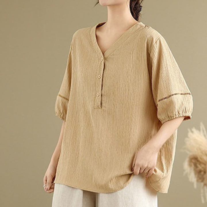 Buddha Stones Casual Plain Button V-Neck Women's Polyester Short Sleeve Shirt - image 4