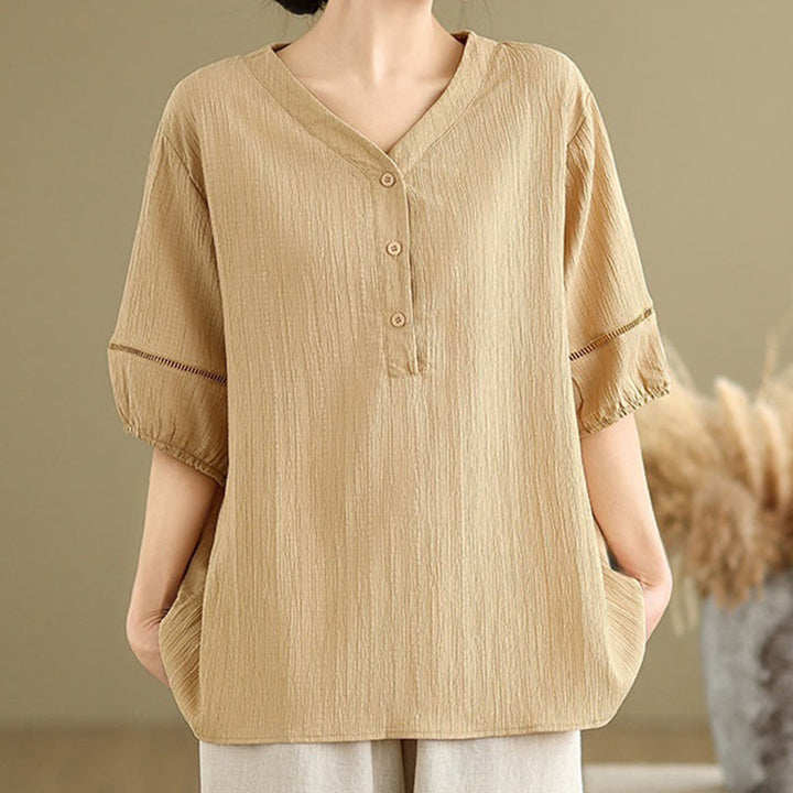 Buddha Stones Casual Plain Button V-Neck Women's Polyester Short Sleeve Shirt - image 3