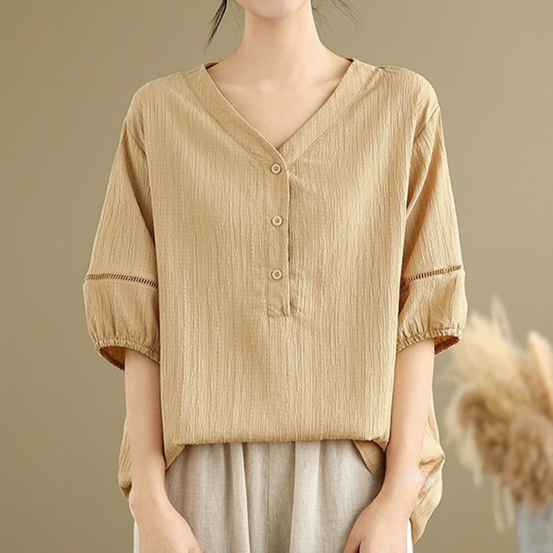 Buddha Stones Casual Plain Button V-Neck Women's Polyester Short Sleeve Shirt - image 5