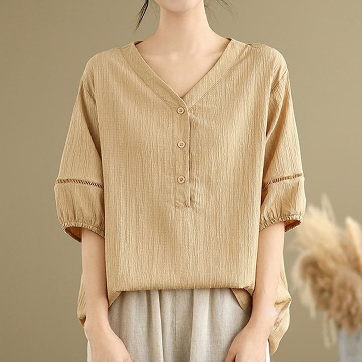 Buddha Stones Casual Plain Button V-Neck Women's Polyester Short Sleeve Shirt - image 5