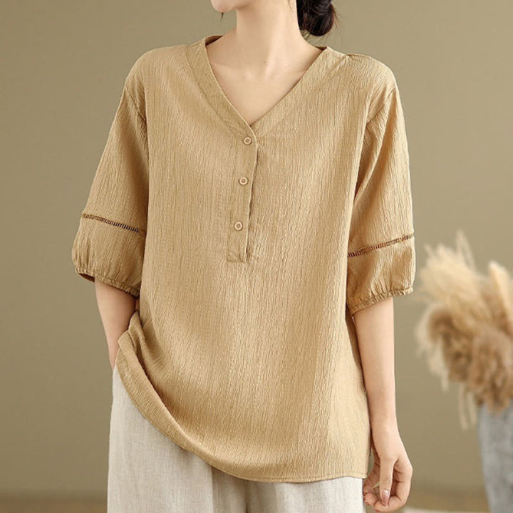 Buddha Stones Casual Plain Button V-Neck Women's Polyester Short Sleeve Shirt - Wheat - US8-10，UK/AU12-14，EU40-42 (2XL) - image 0