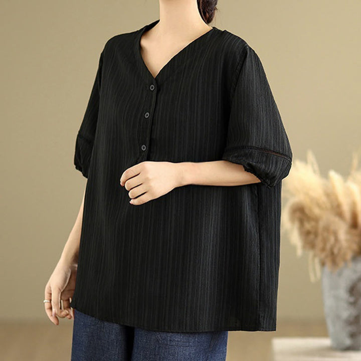 Buddha Stones Casual Plain Button V-Neck Women's Polyester Short Sleeve Shirt - image 14