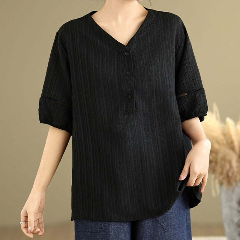 Buddha Stones Casual Plain Button V-Neck Women's Polyester Short Sleeve Shirt - image 16