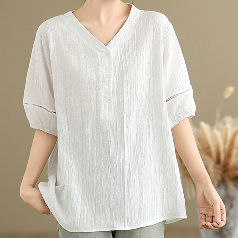 Buddha Stones Casual Plain Button V-Neck Women's Polyester Short Sleeve Shirt - White - US8-10，UK/AU12-14，EU40-42 (2XL) - image 17