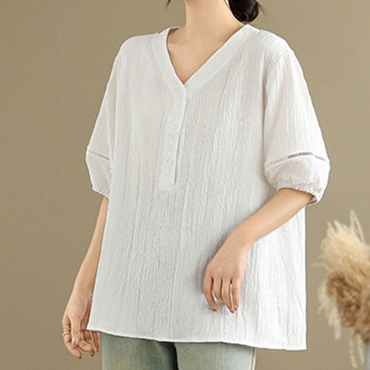 Buddha Stones Casual Plain Button V-Neck Women's Polyester Short Sleeve Shirt - image 19