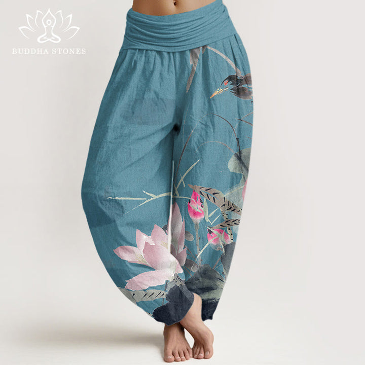 Buddha Stones Cotton Pink Lotus Leaves Bird Pattern Women's Elastic Waist Harem Pants - DarkTurquoise - US22，UK/AU26，EU54 (6XL) - image 4