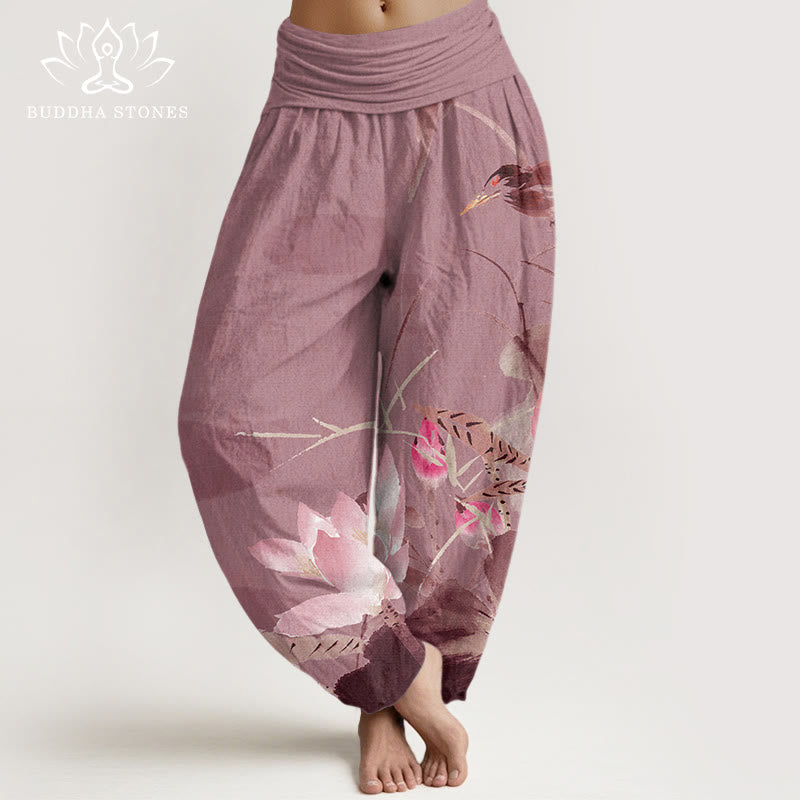 Buddha Stones Cotton Pink Lotus Leaves Bird Pattern Women's Elastic Waist Harem Pants - PaleVioletRed - US22，UK/AU26，EU54 (6XL) - image 7