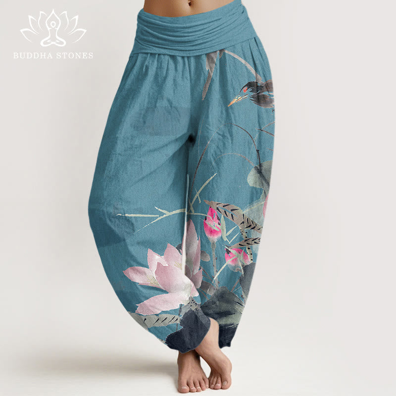 Buddha Stones Cotton Pink Lotus Leaves Bird Pattern Women's Elastic Waist Harem Pants - DarkTurquoise - US22，UK/AU26，EU54 (6XL) - image 4