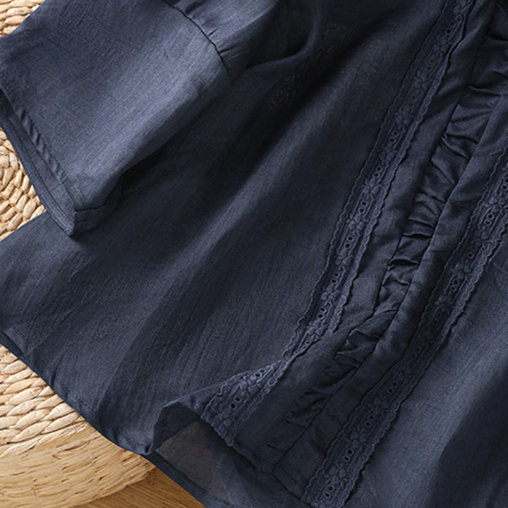 Buddha Stones Casual Pure Color Crew Neck Women's Cotton Linen Three Quarter Sleeve Shirt - image 6