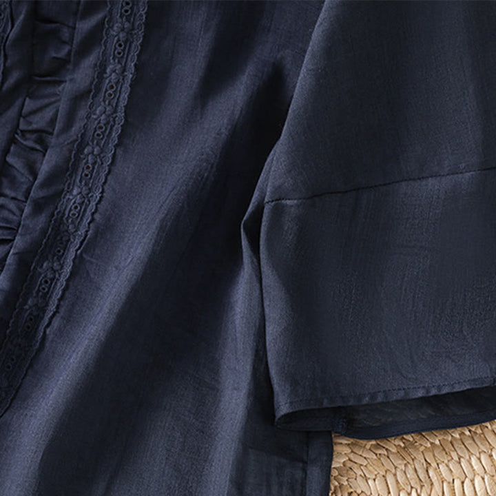 Buddha Stones Casual Pure Color Crew Neck Women's Cotton Linen Three Quarter Sleeve Shirt - image 5