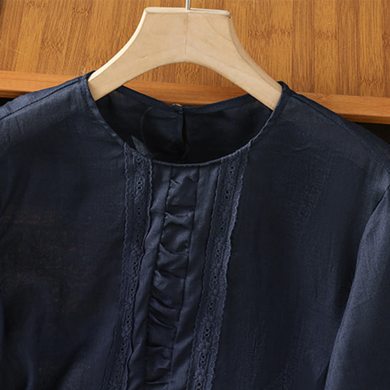 Buddha Stones Casual Pure Color Crew Neck Women's Cotton Linen Three Quarter Sleeve Shirt - image 3