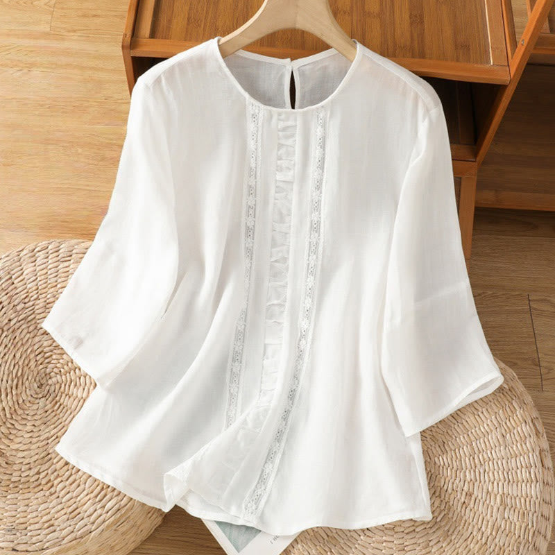 Buddha Stones Casual Pure Color Crew Neck Women's Cotton Linen Three Quarter Sleeve Shirt - White - US8-10，UK/AU12-14，EU40-42 (2XL) - image 7