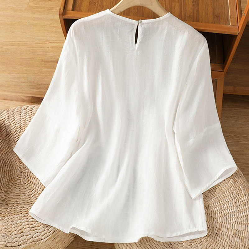 Buddha Stones Casual Pure Color Crew Neck Women's Cotton Linen Three Quarter Sleeve Shirt - image 8