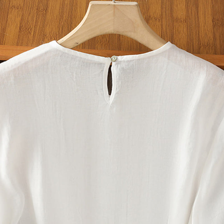 Buddha Stones Casual Pure Color Crew Neck Women's Cotton Linen Three Quarter Sleeve Shirt - image 12