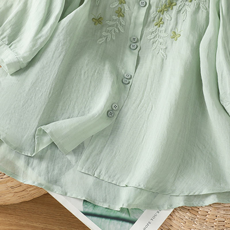 Buddha Stones Casual Plant Embroidery Stand Collar Women's Cotton Blend Three Quarter Sleeve Shirt - image 2