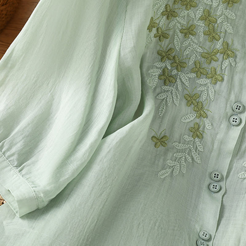 Buddha Stones Casual Plant Embroidery Stand Collar Women's Cotton Blend Three Quarter Sleeve Shirt - image 4