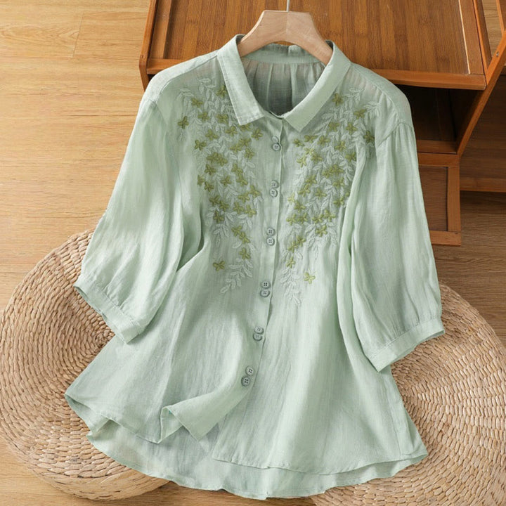 Buddha Stones Casual Plant Embroidery Stand Collar Women's Cotton Blend Three Quarter Sleeve Shirt - Aquamarine - US8-10，UK/AU12-14，EU40-42 (2XL) - image 0