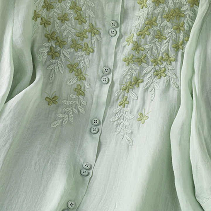 Buddha Stones Casual Plant Embroidery Stand Collar Women's Cotton Blend Three Quarter Sleeve Shirt - image 7