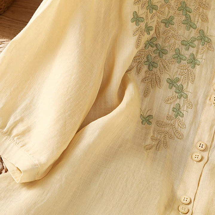 Buddha Stones Casual Plant Embroidery Stand Collar Women's Cotton Blend Three Quarter Sleeve Shirt - image 16