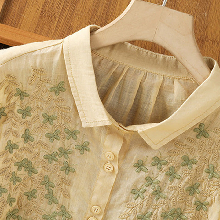 Buddha Stones Casual Plant Embroidery Stand Collar Women's Cotton Blend Three Quarter Sleeve Shirt - image 19