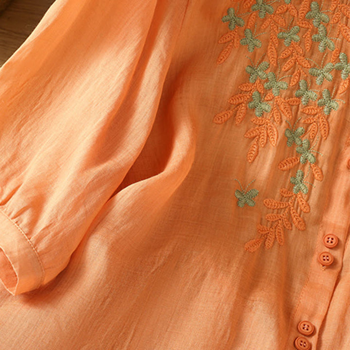 Buddha Stones Casual Plant Embroidery Stand Collar Women's Cotton Blend Three Quarter Sleeve Shirt - image 30