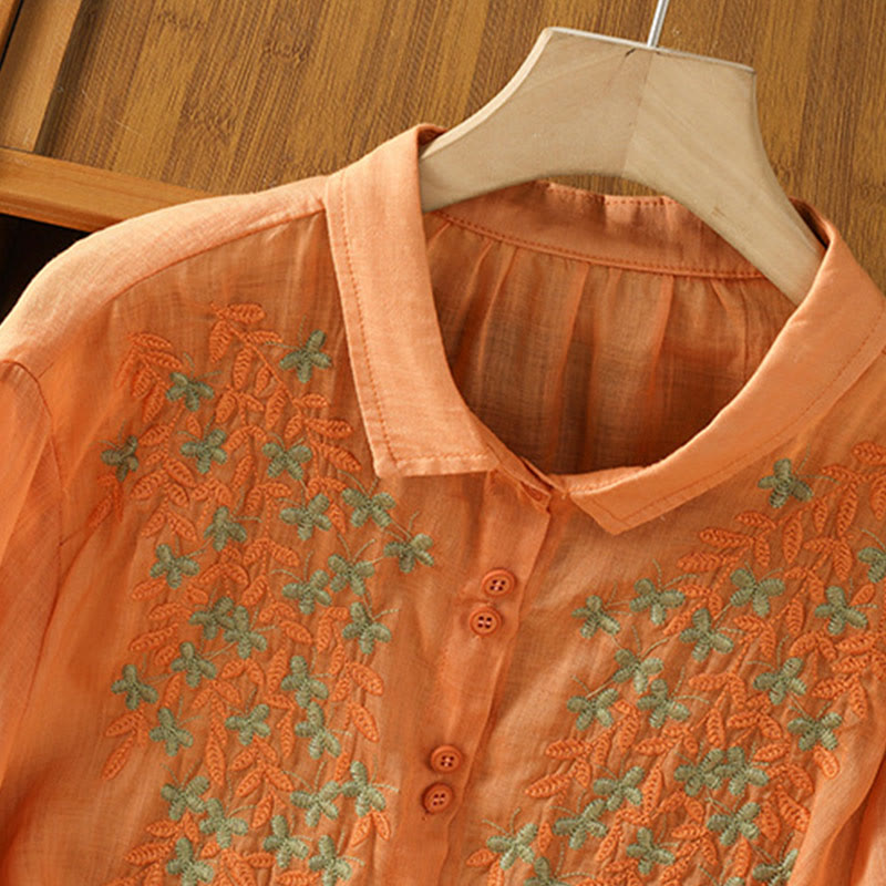 Buddha Stones Casual Plant Embroidery Stand Collar Women's Cotton Blend Three Quarter Sleeve Shirt - image 29